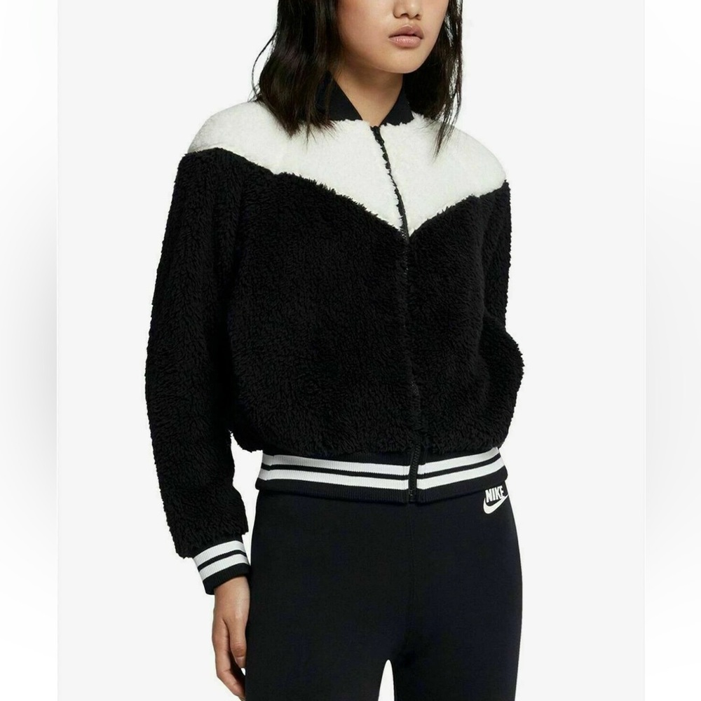 Nike Sportswear Women XS Sherpa Full Zip Bomber Jacket Black White Fleece Pocket